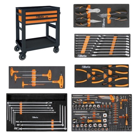 Beta Rolling Tool Cabinet, Orange, 7 Drawers with 6 Foam Tray Tool Sets and 195 Tools and Accessories RSC51KIT